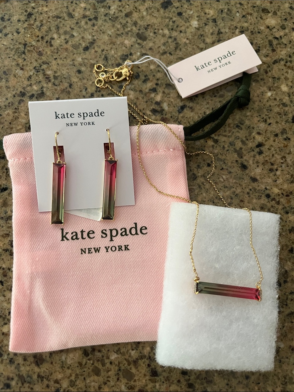 NWT kate spade Pink and Green Ombre Bar Necklace & Drop Earrings Set